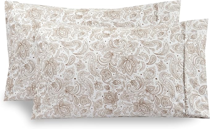 Elegant Comfort Ultra Soft Set of 2 Floral Print Pillowcases - 1500 Premium Hotel Quality Microfiber, Soft and Smooth Envelope Closure 2-Piece Pillow Covers - King, Paisley Taupe