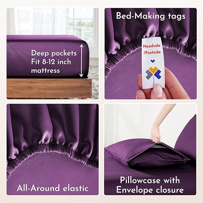 California Design Den 12" Pocket Sheets Twin XL Size Set - Natural 100% Cotton Sheets, Soft Sateen, All Around Elastic, Breathable and Durable Bedding for Dorm Room - Purple Passion