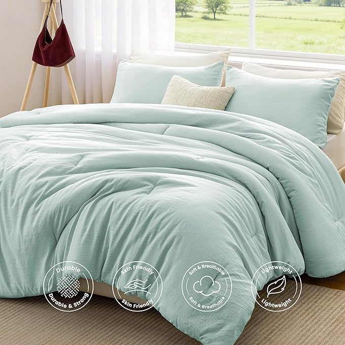 Love's cabin King Size Comforter Set Light Blue, 3-Piece 90% Polyester 10% Linen Blend Bedding Set, Linen-Look Textured Stripe, Down Alternative All-Season Comforter with Pillow Shams | Soft, Breathable, Lightweight