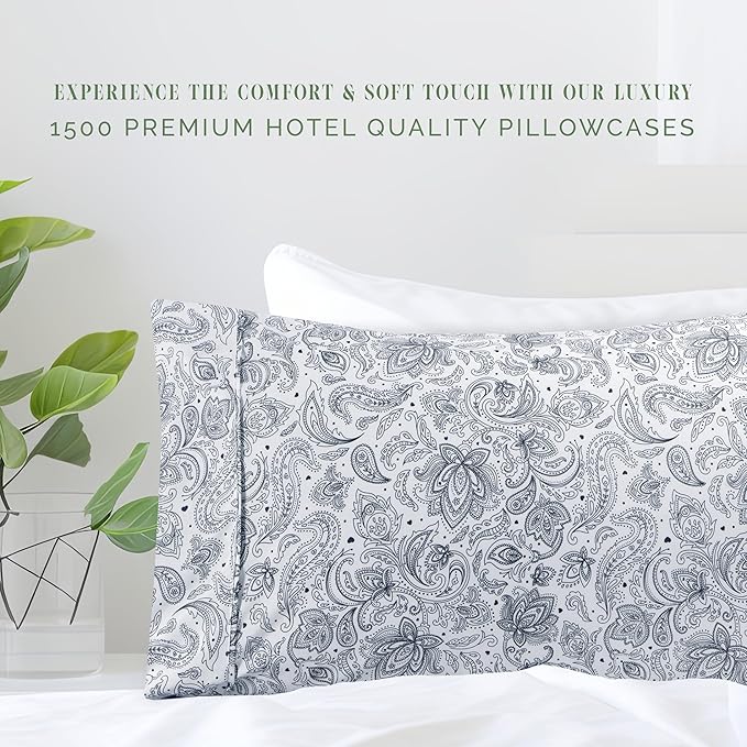 Elegant Comfort Ultra Soft Set of 2 Floral Print Pillowcases - 1500 Premium Hotel Quality Microfiber, Soft and Smooth Envelope Closure 2-Piece Pillow Covers - Standard/Queen, Paisley Navy
