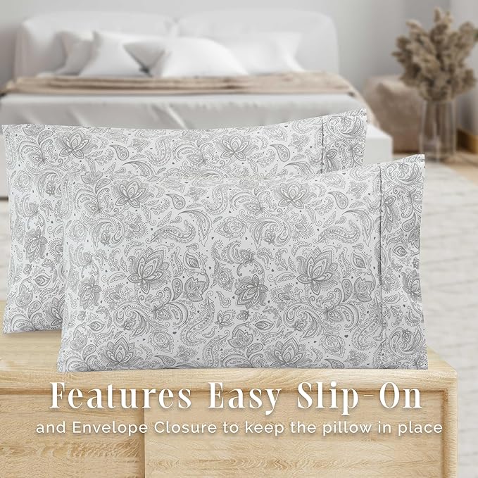 Elegant Comfort Ultra Soft Set of 2 Floral Print Pillowcases - 1500 Premium Hotel Quality Microfiber, Soft and Smooth Envelope Closure 2-Piece Pillow Covers - King, Paisley Gray