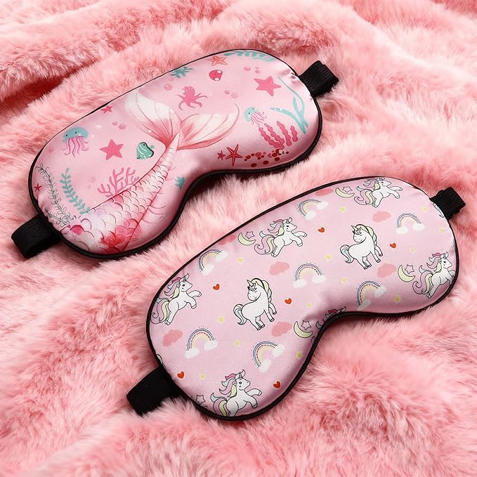 2 Pcs Sleep Mask for Kids,Cute Blackout Kid Eye Mask, Girls Eye mask for Kids Teen,Unicorn Sleep Mask with Adjustable Strap for Home Party Children's Travel Soft Eye Cover Blindfold (Unicorn + Ocean)