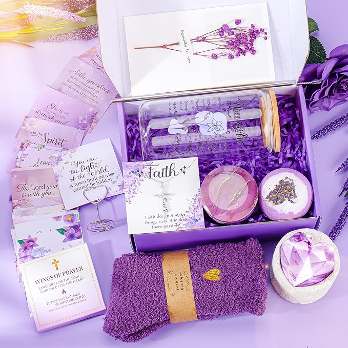 12PCS Christian Gifts For Women Faith - Inspirational Religious Birthday Gifts, Purple Spiritual Baptism Baskets For Mom, Grandma, Wife, Mothers, Friend, Sister,Catholic&Encouragement Birthday Gift