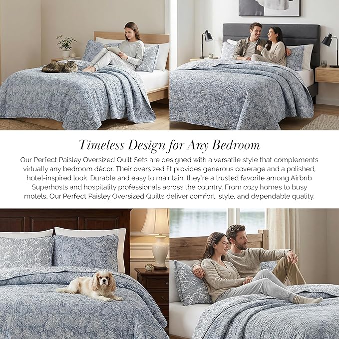 Southshore Fine Living, Inc. Extra Large King Size Quilts, Paisley Quilt, Blue and White Bedspread, 3-Piece Bohemian Bedding Set with Two Matching Shams, California/King, Reversible Blue