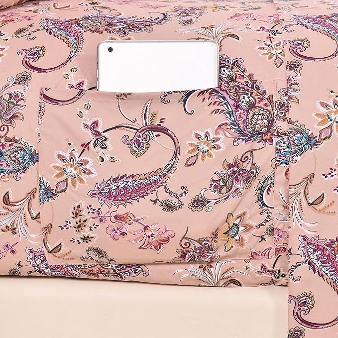 Elegant Comfort Luxury Soft Bed Sheets Paisley Pattern - 1500 Premium Hotel Quality Microfiber Softness Wrinkle and Fade Resistant (6-Piece) Bedding Set, California King, Paisley Coral