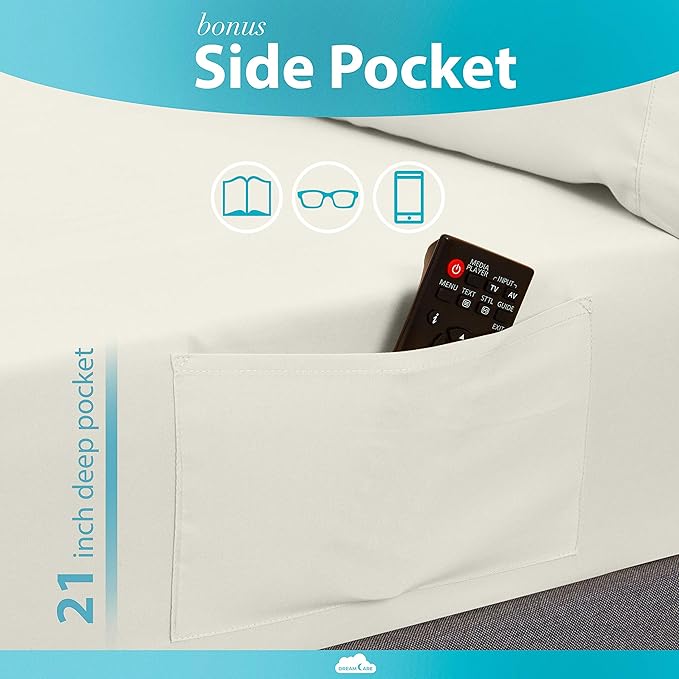 DREAMCARE California King Sheet Sets - 6 pcs Breathable Cooling Bed Sheets - up to 21" Extra Deep Cal King Sheets with Side Pockets - Extra Soft 100% Brushed Hypoallergenic Hotel Luxury Bedding -Ivory