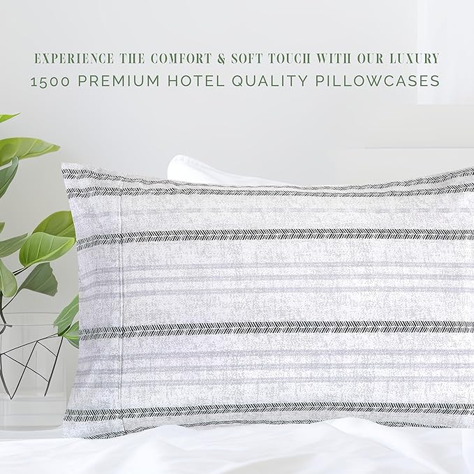 Elegant Comfort Ultra Soft Set of 2 Striped Print Pillowcases - 1500 Premium Hotel Quality Microfiber, Soft and Smooth Envelope Closure 2-Piece Pillow Covers - Standard/Queen, Traci Gray