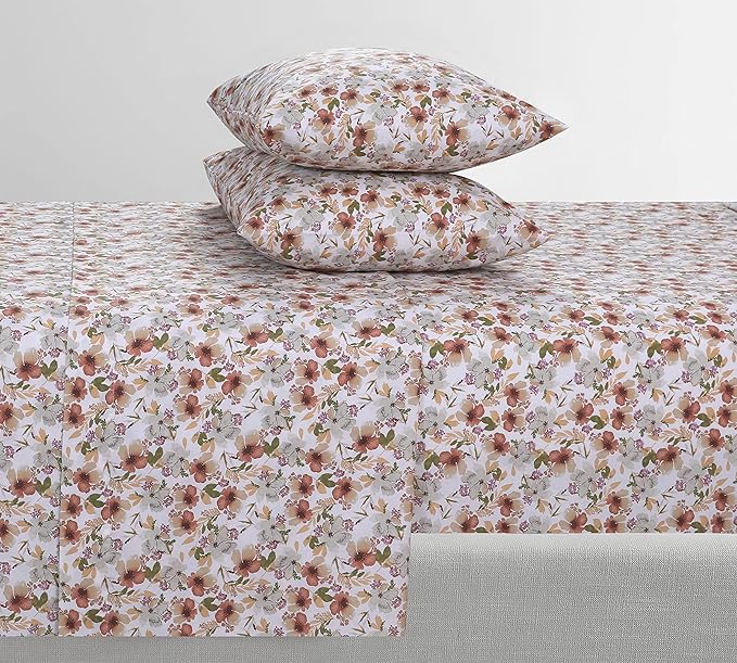 Feather & Stitch Softest 100% Cotton Sheets, 300 Thread Count Percale Weave Bedding, 16" Deep Pocket, Cooling Sheets, Breathable Bed Set, Hotel Premium Quality (Twin, Florence)