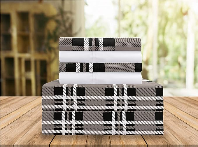 Elegant Comfort Luxury Soft Bed Sheets Plaid Pattern - 1500 Premium Hotel Quality Microfiber Softness Wrinkle and Fade Resistant (6-Piece) Bedding Set, King, Plaid Grey