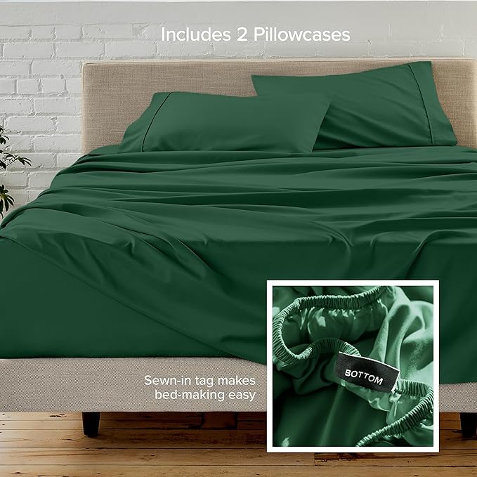 Bare Home Hotel Luxury Twin Sheet Set, Extra Soft - 4 Piece Set - Deep Pockets - Easy Fit - Cooling & Breathable - Wrinkle, Fade, Stain Resistant - Includes 2 Pillowcases (Twin, Forest Green)