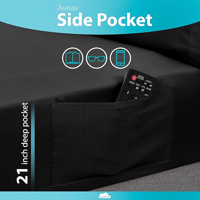 DREAMCARE Queen Sheet Set - 6 pcs Breathable Cooling Bed Sheets - up to 21" Extra Deep Pocket Queen Sheets Set with Side Pockets - Extra Soft 100% Brushed Hypoallergenic Hotel Luxury Bedding - Black