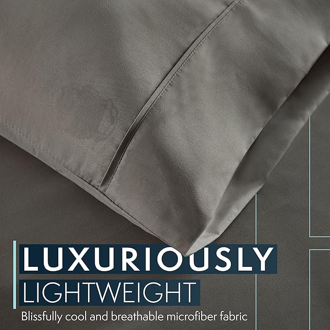 HC COLLECTION Bed Sheets Set King with 2 Pillowcases, Hotel Luxury Platinum 1800 Series Brushed Microfiber Sheet w/Deep Pocket, Ultra Soft Lightweight 4 Pcs Linen Bedding for Hot Sleepers, Gray