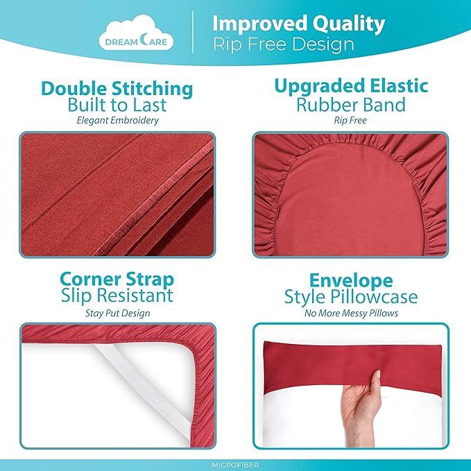 DREAMCARE Full Size Sheets - 6 pcs Breathable Cooling Bed Sheets - up to 15" Deep Pocket Full Size Bed Sheets wth Side Pockets - Extra Soft 100% Brushed Hypoallergenic Hotel Luxury Bedding - Burgundy
