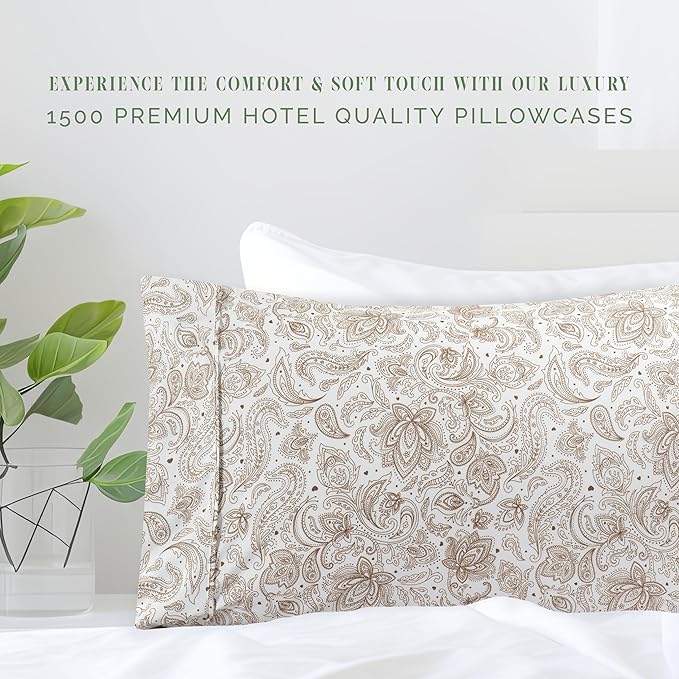 Elegant Comfort Ultra Soft Set of 2 Floral Print Pillowcases - 1500 Premium Hotel Quality Microfiber, Soft and Smooth Envelope Closure 2-Piece Pillow Covers - Standard/Queen, Paisley Taupe