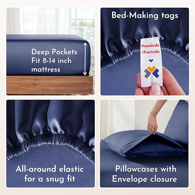 California Design Den King Sheet Set - Natural 100% Cotton Sheets King Size with Deep Pockets, Soft Sateen Weave, Breathable and Durable Bedding Set (Navy Blue)