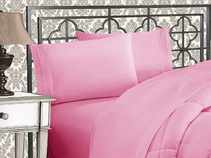 Elegant Comfort Luxurious 1500 Premium Hotel Quality Microfiber Three Line Embroidered Softest 4-Piece Bed Sheet Set, Wrinkle and Fade Resistant, California King, Light Pink
