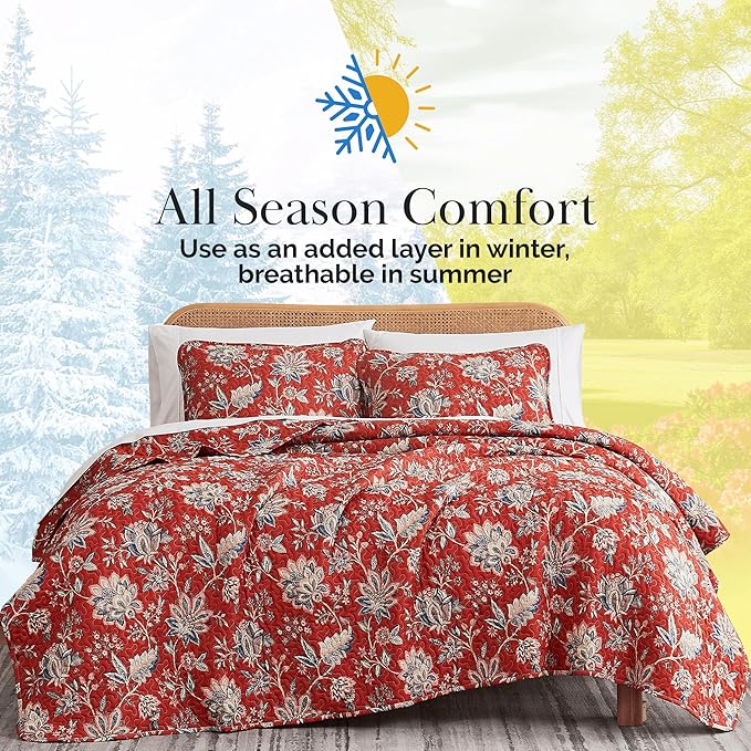 Southshore Fine Living, Inc. Oversized Full/Queen Quilt Bedding Set, Jacobean Willow Floral Quilt Set Queen or Full Size with 2 Matching Pillow Shams, Lightweight Bedspread, Soft and Cozy, Red