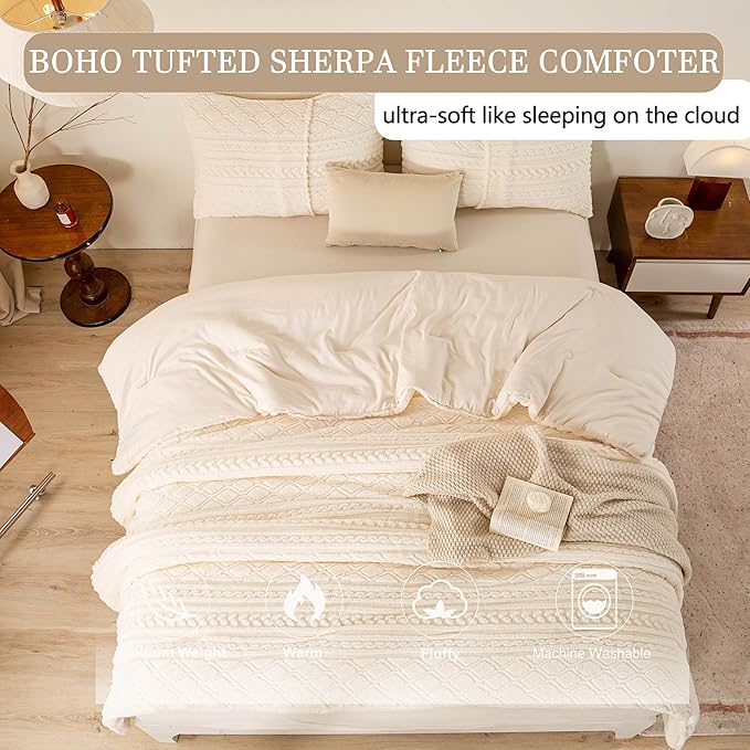 Warm Plush 3D Jacquard Boho Sherpa Fleece Queen Size Comforter Set - Cream Full/Queen Reversible Ultra-Soft Bedding Down Alternative Comforter Set Fluffy Surface for Cozy Autumn Winter Nights