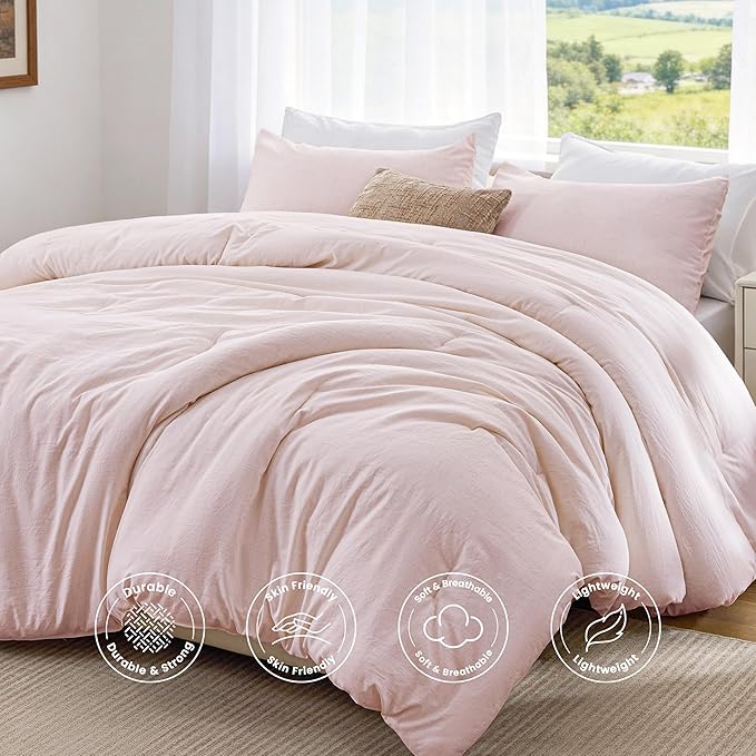 Love's cabin King Size Comforter Set Pink, 3-Piece 90% Polyester 10% Linen Blend Bedding Set, Linen-Look Textured Stripe, Down Alternative All-Season Comforter with Pillow Shams | Soft, Breathable, Lightweight