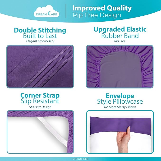 DREAMCARE Twin XL Sheet Sets - 3 pcs Breathable Cooling Bed Sheets - up to 21" Extra Deep Pocket Twin XL Sheets Set with Side Pockets - Extra Soft 100% Brushed Hypoallergenic Hotel Luxury - Purple
