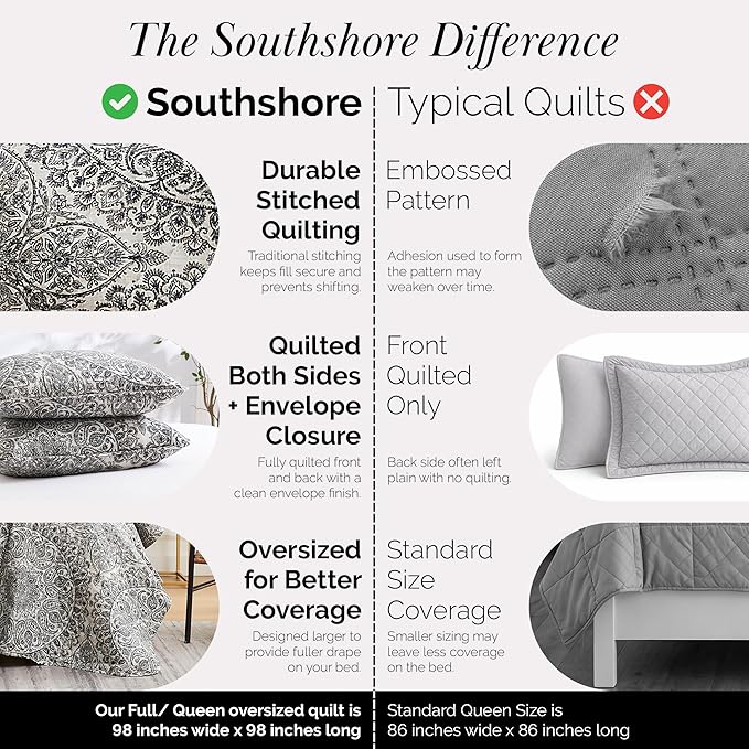 Southshore Fine Living, Inc. Ashanti Collection Oversized Quilt Queen Bedding Set Lightweight, Soft Coverlet Bedspread 3-Piece with Two Matching Shams (98 in Wide x 98 in Long), Full/Queen, Grey