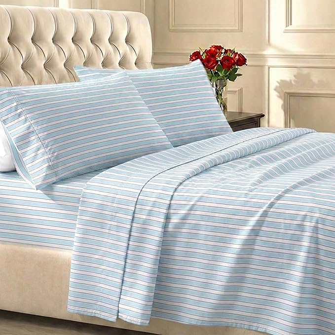 California Design Den Soft 100% Cotton Sheets Twin Size Set, 400 Thread Count Good Housekeeping Award Winner, Smooth Sateen Finish, Cozy and Durable Cotton Bedding Set - Cape Stripe Blue