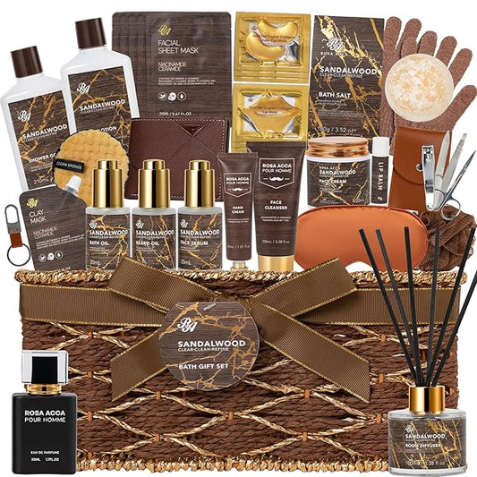 36 Pcs Sandalwood Bath & Body Gift Basket for Men, Father's Day Gifts, Beard Grooming Set, Face Skin Care Kit, Men Home Spa Gift Basket, Bath Bomb, Birthday, Valentines, Christmas, Dad, Anniversary