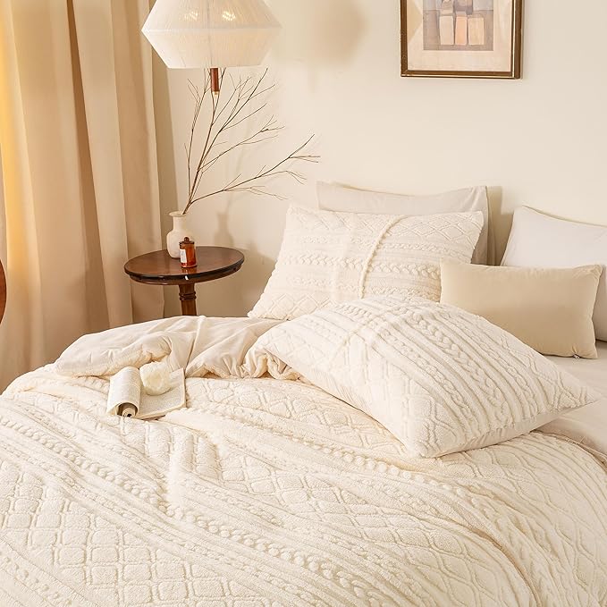 Warm Plush 3D Jacquard Boho Sherpa Fleece Queen Size Comforter Set - Cream Full/Queen Reversible Ultra-Soft Bedding Down Alternative Comforter Set Fluffy Surface for Cozy Autumn Winter Nights
