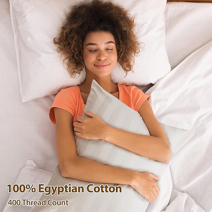 100% Egyptian Cotton Pillow Cases Set of 2, King Size 400 Thread Count Cooling Pillowcases, Soft and Breathable Pillow Covers with Envelope Closure, 20x36 Inches (King, Striped Light Beige)