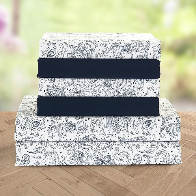 Elegant Comfort Luxury Soft Bed Sheets Paisley Pattern - 1500 Premium Hotel Quality Microfiber Softness Wrinkle and Fade Resistant (6-Piece) Bedding Set, California King, Paisley Navy Blue