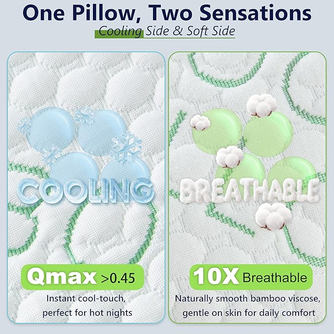 Shredded Memory Foam Pillows, Cooling Pillows Queen Size Set of 2 Adjustable Firm Bamboo Bed Pillows for Hot, Side, Back and Stomach Sleepers