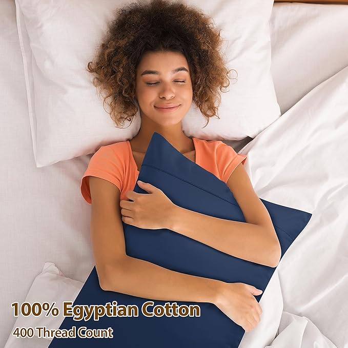 100% Egyptian Cotton Pillow Cases Set of 2, Standard Size 400 Thread Count Cooling Pillowcases, Soft and Breathable Pillow Covers with Envelope Closure, 20x26 Inches (Standard, Navy Blue)
