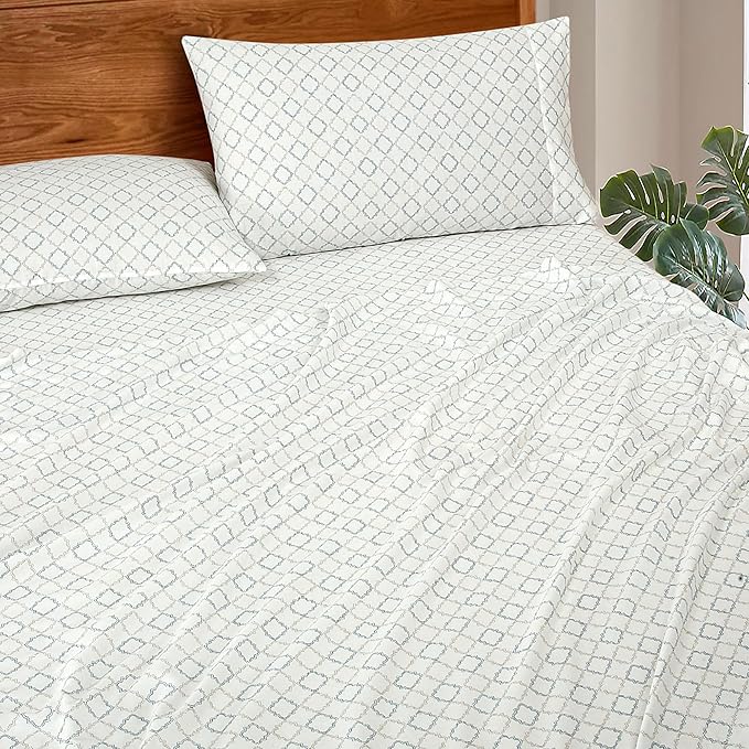 ROYALE LINENS 300 Thread Count 100% Long Staple Combed Cotton Sheet Set - 4 Piece King Bed Sheets - 1 Fitted, 1 Flat & 2 Pillow Cases - Soft Cool & Crisp Sheet Set (King, Vintage Trellis,Grey Blue)