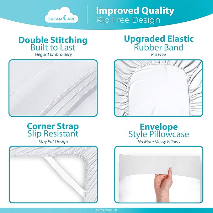DREAMCARE Full Size Sheets - 6 pcs Breathable Cooling Bed Sheets - up to 15" Deep Pocket Full Size Bed Sheets wth Side Pockets - Extra Soft 100% Brushed Hypoallergenic Hotel Luxury Bedding - White