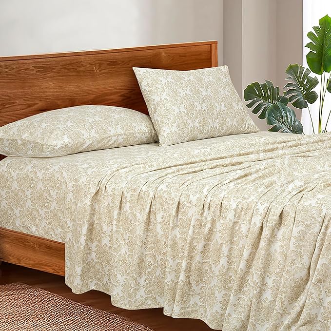 ROYALE LINENS 300 Thread Count 100% Long Staple Combed Cotton Sheet Set - 4 Piece Queen Bed Sheets - 1 Fitted, 1 Flat & 2 Pillow Cases - Soft Cool & Crisp Sheet Set (Queen, Floral Damask,Rainy Day)