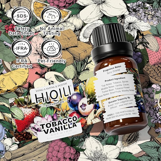 HIQILI Tobacco Vanilla Fragrance Oil, Refill for Diffusers & Humidifiers, Hotel-Grade Scent, Suitable for Home Use - 0.34 Fl Oz