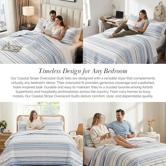 Southshore Fine Living, Inc. Twin/XL Quilt Bedding Set, Dorm Bedding Essentials, Stain Resistant, Machine Washable Striped Bedspread, Twin XL Comforter Set w/Pillow Sham, Blue Striped