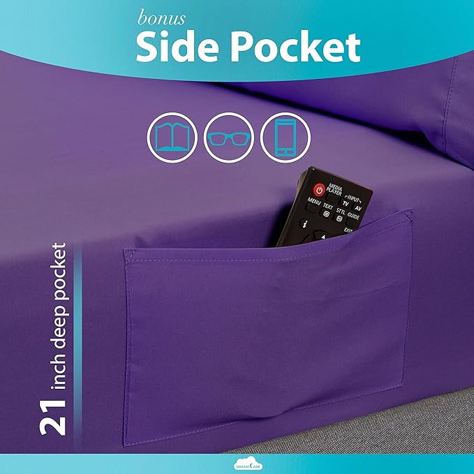 DREAMCARE Queen Sheet Set - 6 pcs Breathable Cooling Bed Sheets - up to 21" Extra Deep Pocket Queen Sheets Set with Side Pockets - Extra Soft 100% Brushed Hypoallergenic Hotel Luxury Bedding - Purple