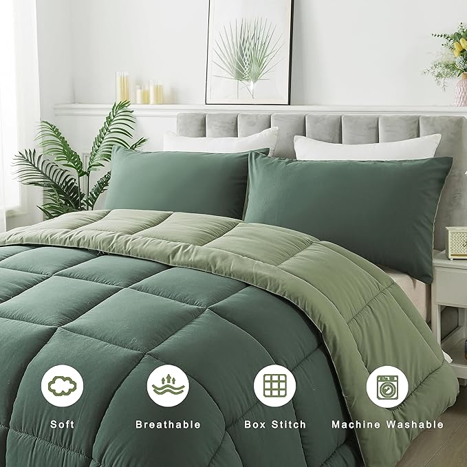 DOWNCOOL Queen Comforter Set -All Season Bedding Comforters Sets with 2 Pillow Cases-3 Pieces Bedding Sets Queen -Down Alternative Double Green Queen Size Comforter Sets(88"x92")