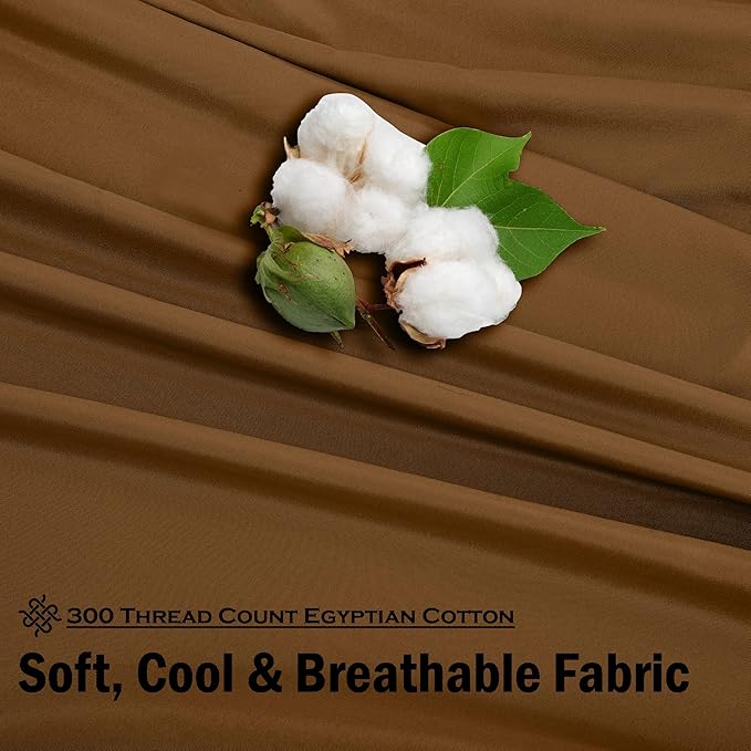 ROYALE LINENS 300 Thread Count 100% Long Staple Combed Cotton Sheet Set - 4 Piece Queen Bed Sheets - 1 Fitted, 1 Flat & 2 Pillow Cases - Soft Cool & Crisp Sheet Set (Queen, Chocolate)