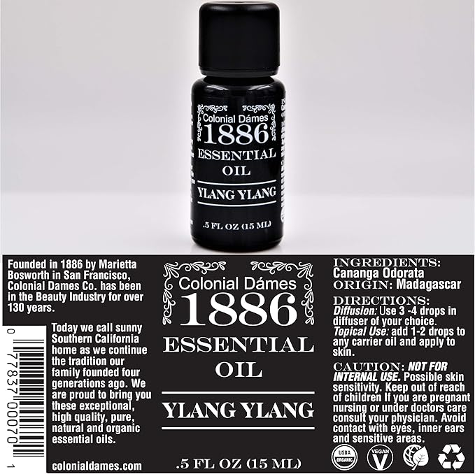 Colonial Dames Ylang-Ylang Essential Oil (0.5 oz) – 100% Pure Therapeutic Grade Ylang Ylang Oil – Vegan Essential Oils for Healthier Life
