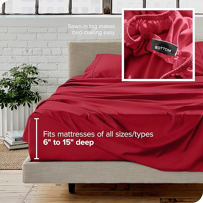 Bare Home Full XL Sheet Set - 1800 Ultra-Soft Microfiber Full Extra Long Bed Sheets - Double Brushed - Deep Pockets - Easy Fit - 4 Piece Set - Bedding Sheets & Pillowcases (Full XL, Red)