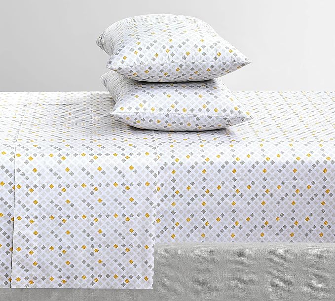 Feather & Stitch Softest 100% Cotton Sheets, 300 Thread Count Percale Weave Bedding, 16" Deep Pocket, Cooling Sheets, Breathable Bed Set, Hotel Premium Quality (King, Yellow Diamond)
