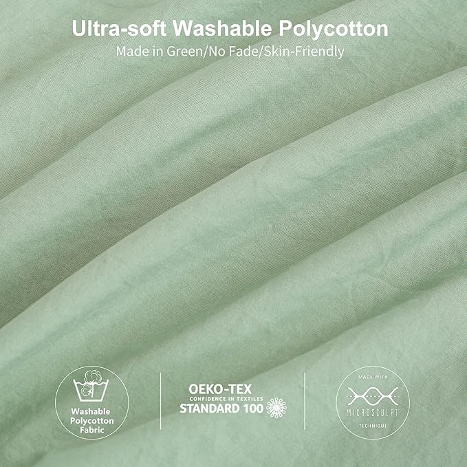 Sage Green Full Size Comforter Set, Super Soft Boho Plush Washed Polycotton Fabric, Cozy Comfy Down Alternative Bedding Blanket Comforter & Pillowcase Lightweight but Warm for All Season Use