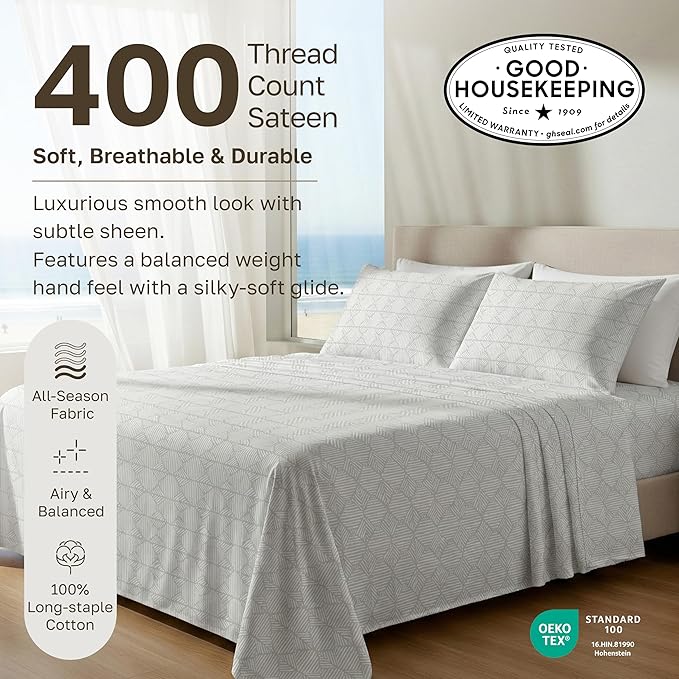 California Design Den Soft King Size 100% Cotton Sheet Sets, 400 TC Good Housekeeping Award Winner, Smooth Sateen Finish with Deep Pockets, Cozy & Durable King Bedding Set (Crosshatch Taupish - Sage)