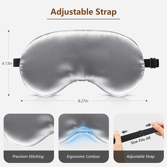 Sleep Mask Silk Eye Mask for Men Sleeping Mask, Adjustable Elastic Strap for Night Shading Sleep Mask, Soft and Comfortable for Both Men and Women (Grey, 3 Packs)