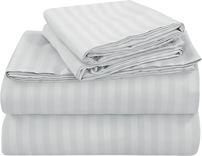 ROYALE LINENS 3 Piece Twin Sheets Set - Soft Brushed 1800 Microfiber Bedding - 1 Fitted, 1 Flat Sheet, 1 Pillow case - Wrinkle Free & Fade Resistant - Hotel Luxury Bed Sheets (Stripe Silver, Twin)