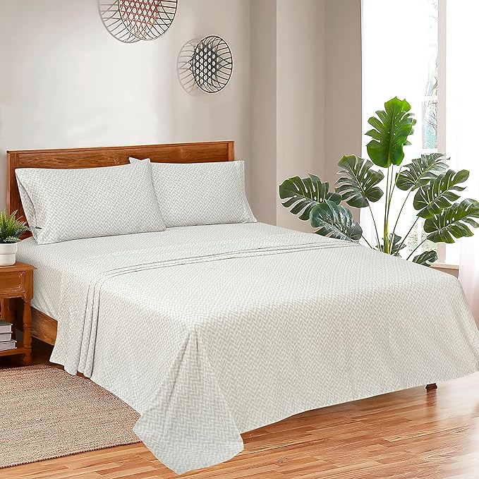 ROYALE LINENS 300 Thread Count 100% Long Staple Combed Cotton Sheet Set - 4 Piece King Bed Sheets - 1 Fitted, 1 Flat & 2 Pillow Cases - Soft Cool & Crisp Sheet (King, Heritage Herringbone,Microchip)