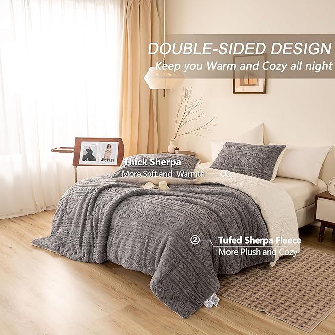 Ultra-Soft Warm Plush Sherpa Fleece Down Comforter Queen Size - Thickened Boho 3D Jacquard Reversible Bedding Comforter Set Fluffy Surface for Cozy Autumn and Winter Nights (Full/Queen,Grey)