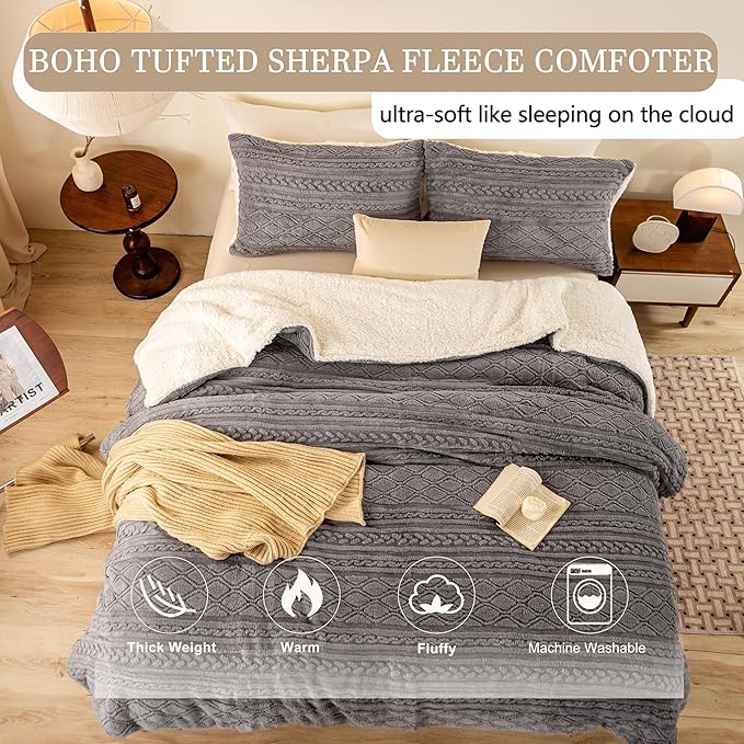 Ultra-Soft Warm Plush Sherpa Fleece Down Comforter Queen Size - Thickened Boho 3D Jacquard Reversible Bedding Comforter Set Fluffy Surface for Cozy Autumn and Winter Nights (Full/Queen,Grey)